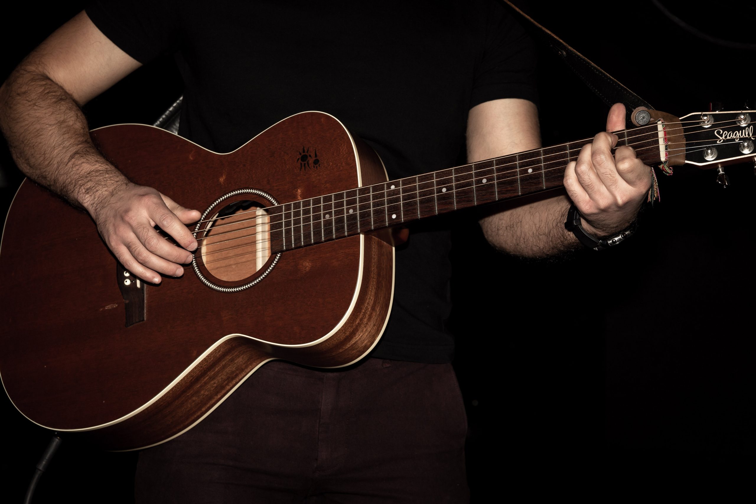 close up image of Seth playing his guitar.